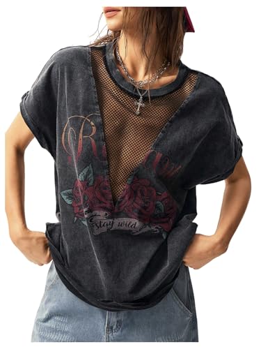SOLY HUX Women's Vintage Graphic Tees Mesh Short Sleeve Goth Y2k T Shirt Summer Tops Streetwear Black Floral Medium