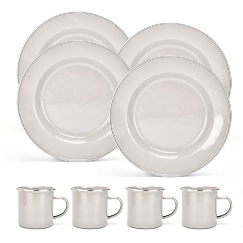 Libken Enamelware Camping Plates - Dinnerware for Travel, Camp, Hiking, Picnic - Enamel Plates Camping Dish Set - Camping Dinnerware Set - Metal Dishware Set -Dishwasher Safe - 4 Plates, 4 Mugs