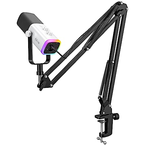 FIFINE Gaming XLR/USB Microphone Kit, Streaming Dynamic Mic Set for PC, Computer Mic for Vocal Podcast Recording Voiceover, with Headphones Jack, Gain Knob, Arm Stand-AmpliGame AM8T White