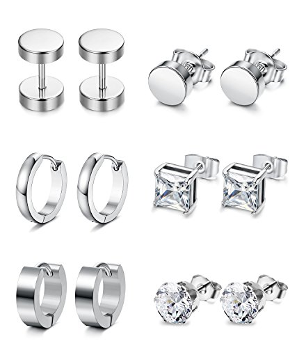 Jstyle 6 Pairs Stainless Steel CZ Stud Earrings for Women Mens Huggie Hoop Earrings Ear Piercing