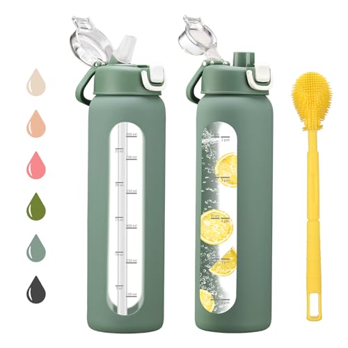 chunmo 32 oz Glass Water Bottles with 2 Lids-Handle Spout Lid & Straw Lid, 1 Liter Motivational Borosilicate Water Bottle with Time Marker and Silicone Sleeve,Leakproof-Olive-1 Pack