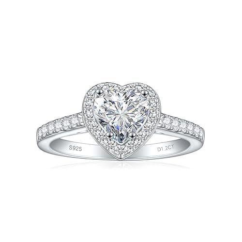 SILVERNANA 1CT Heart Engagement Rings for Women 925 Sterling Silver Heart Cut Halo Moissanite Promise Rings for Her Size 5.5