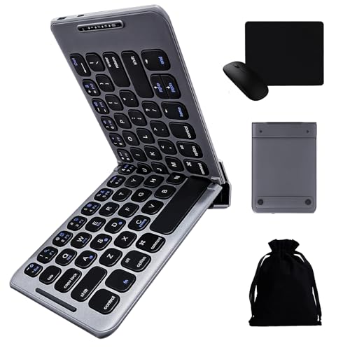 Portable Foldable Bluetooth Keyboard with Wireless Mouse – Mini Folding Wireless Keyboard Mouse Combo,Type-C Fast Charging, Compatible with iOS, Android, Windows, Mac