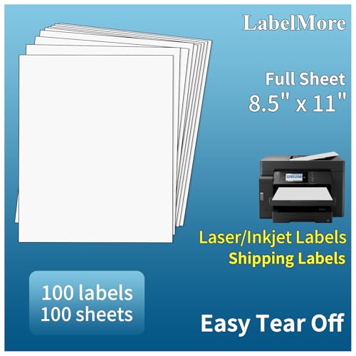 LabelMore 100 Sheets, Printable Sticker Paper, 8.5" x 11" Sticker Printer Paper Sheet for Laser & Inkjet Printers