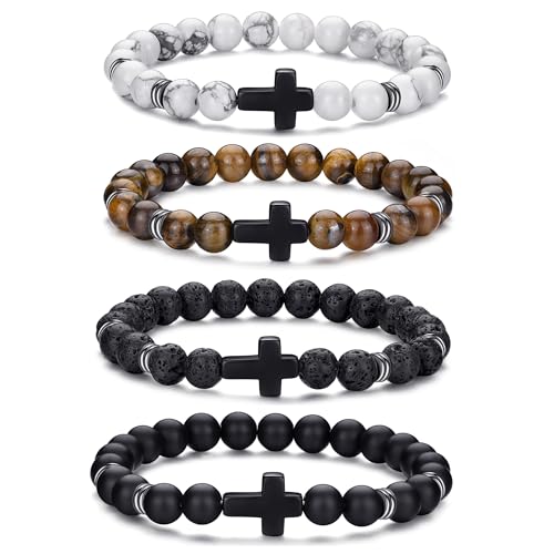 Rankeef Men's 8MM Beaded Cross Bracelet Set - Stretch Cross Beads For Bracelets