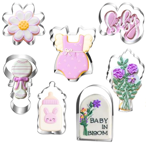 Auktosmn Wildflower Baby Shower Cookie Cutters Set - 7-Piece - Stainless Steel - Dishwasher Safe - Perfect for Baby in Bloom Baby Girl Baby Shower