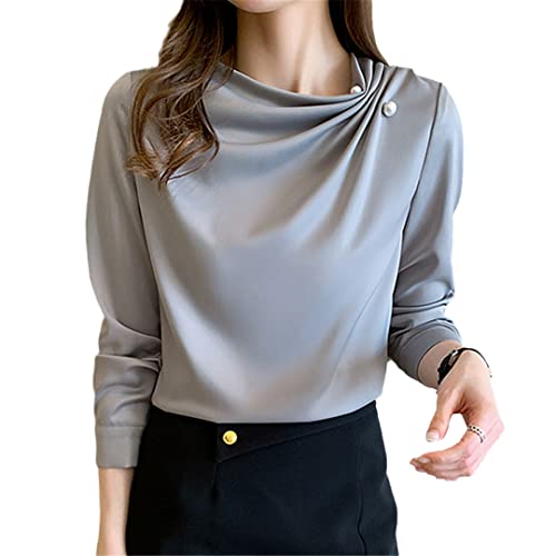 Korean Pleated Chiffon Blouse Professional Office Tops Elegant Women Shirt Gray L