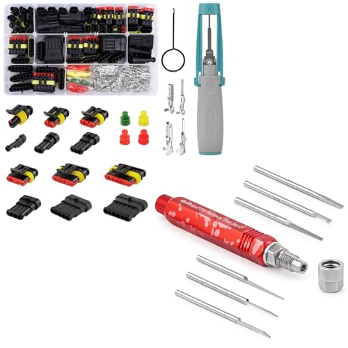 JRready ST5258+ST6524 Electrical Pin Extractor Tool Kit Waterproof Wire Connectors Superseal 1.5 Automotive 1 2 3 4 5 6 Pin Connector Crimp Terminals 16-22AWG
