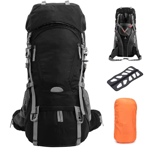 Outplea 60L Hiking Backpacking Backpack Pack Men Women with Rain Cover, Large Camping Backpack Bag with Internal Frame, Black