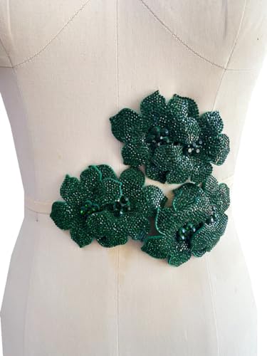 PLune 3D three-dimensional Rose flower Decorative Patch Trim Accessories rhinestones applique for Clothes Dress Hat Shoes DIY 3 Pieces/Bag 4X2.3inches (Deepgreen)