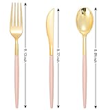 I00000 144Pcs Pink Plastic Silverware,Gold Disposable Flatware with Pink Handle, Gold Plastic Cutlery Set Includes:48 Forks, 48 Knives and 48 Spoons,Gold Tableware for Party & Wedding