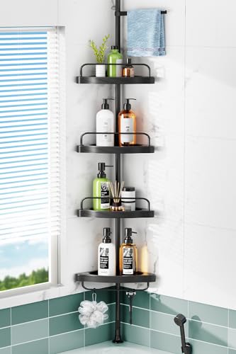 HAMITOR Corner Shower Caddy Tension Pole: 4 Tier Shampoo Storage Organizer for Inside Shower - Telescoping Rod Shower Rack for Bathroom and Bathtub - Restroom Floor Standing Bath Rack Holder Black