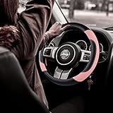 Leather Car Steering Wheel Cover, Non-Slip Car Wheel Cover Protector Breathable Microfiber Leather Universal Fit for Most Cars(Pink)