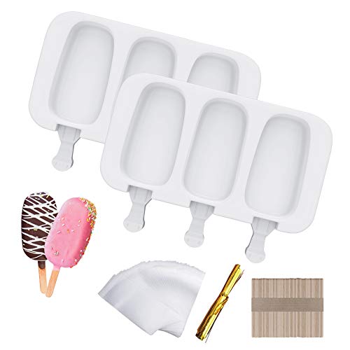 Ouddy Life Popsicle Molds Set of 2, Ice Pop Molds Silicone 4 Cavities Ice Cream Mold Oval Cake Pop Mold with 50 Wooden Sticks for DIY Popsicle, White