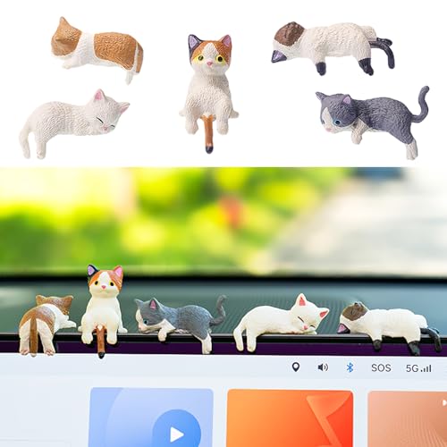 ONEPEACE Mini Cat Cute Car Accessories, Resin Cat for Dashboard Decorations, Desk Decorations, Car Ornament Interior Decors Rearview Mirror Funny Gifts 5 Pcs