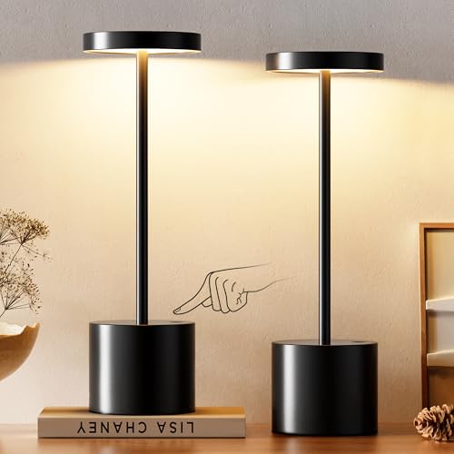 Cordless Table Lamp, 4000mAh Rechargeable Battery Powered Lamps, 3 Color Stepless Dimming, LED Wireless Outdoor Lamps for Dining Room, Bedroom, Bar, Cafe, Restaurant, Patio, Camping, Set of 2- Black