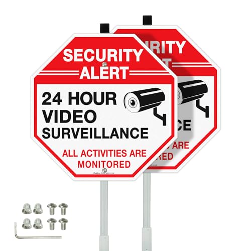 Faittoo Security Sign Video Surveillance Sign with 36" Stake for Outside, 2-Pack 12"x12" Rust Free Heavy Aluminum, Reflective, Fade Resistant, 2 pre-drilled holes, Includes Matching Screws & Wrench,