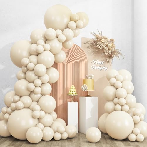 RUBFAC 135pcs Sand White Balloons Cream Beige Latex Balloon, Different Sizes 18 12 10 5 Inch for Garland Arch Wedding Birthday Party Baby Shower Anniversary Boho Decorations