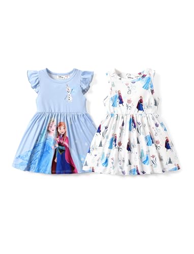 Disney Frozen Elsa&Anna Toddler Girl Dresses 2 Pack White Sleeveless and Blue Ruffle Sleeve Character Print Dress Set Birthday Summer Clothes 5-6Y