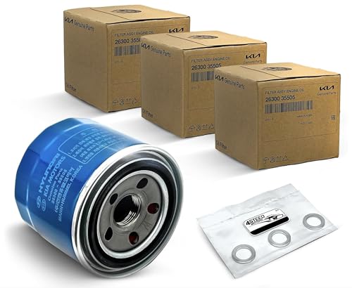 Set of 3 Genuine OEM Engine Oil Filter 26300-35505-ST and Drain Plug Gasket 21513-23001 fit for Hyundai, Kia
