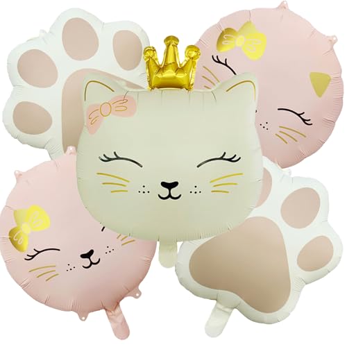 Cat Foil Balloons,Kitty Paw Mylar Helium Balloon Decorations for Cat Theme Birthday Party Supplies Baby Shower, Wedding Decor,Gender Disclosure,5 Pack（Pink, Cream White,Brown）
