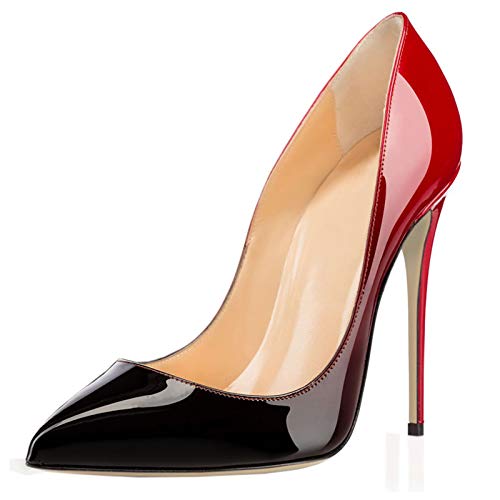 COLETER Pointy Toe Pumps for Women,Patent Gradient Animal Print High Heels Usual Dress Shoes Red Black 12cm-RB 7.5 US