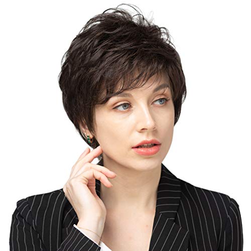EMMOR Short Dark Brown Human Hair Blend Synthetic Fiber Wigs for Women and Lady - Natural Hair Pixie Cut Wig With Bang, Daily Use (Color 6#)