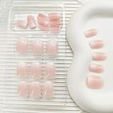 Short Press on Nails Square Fake Nails Pink Ombre False Nails with Simple Style Designs White Acrylic Nails Press ons Glossy Glue on Nails Artificial Stick on Nails for Women Girls Manicure 24 Pcs