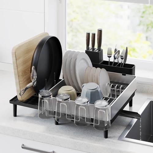 SONGMICS Large Dish Drying Rack, Expandable Dish Dryer for Kitchen Counter, Stainless Steel Dish Rack with Rotatable Spout, Utensil, Cup, Glass, Cutting Board, Pan Holders, Silver and Black UKCS037B01