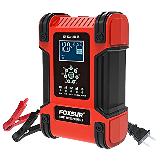 FOXSUR 7-Stage Smart Car Battery Charger Automotive 12V 24V 12A Motorcycle Truck Boat Lithium Gel AGM Wet Lead-Acid LiFePO4 Fully Automatic Deep Cycle Pulse Repair Fast Maintainer & Desulfator
