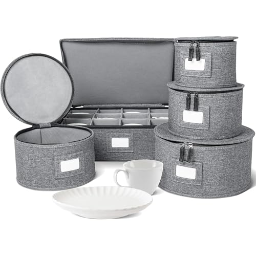 storageLAB China Storage Containers, Hard Shell Case with Felt Dividers for Charger Plates, and Dishes, Ideal for Kitchen Organization, Moving Supplies, and Fine China Storage - 5-Piece Set, Gray