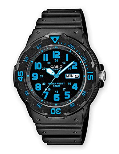 Casio MRW200H Series | Unisex Analog Watch | Black/Blue| 100M WR | Stainless Steel Case | Resin Band | 2 Hand Analog (HR, Min, SEC) | Date Display | Screw Down Crown/Screw Down Caseback | 3 Year Batt
