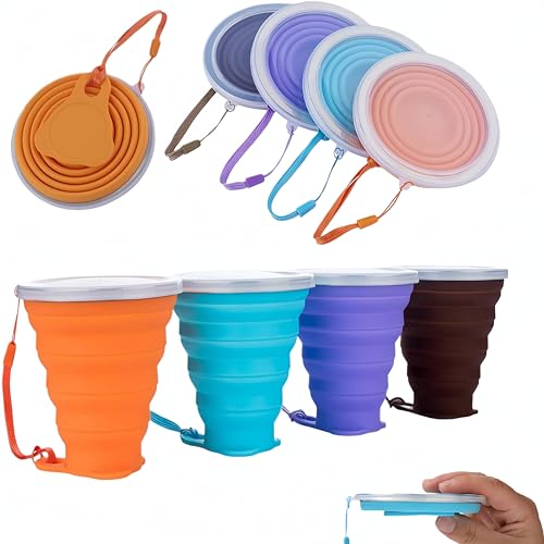MYHJL 4Pack 270ml/9oz Travel Cup Stainless Steel Silicone Retractable Folding Cups Telescopic Collapsible Coffee Cups Outdoor Sports Water Cup Camping Cup with Lids
