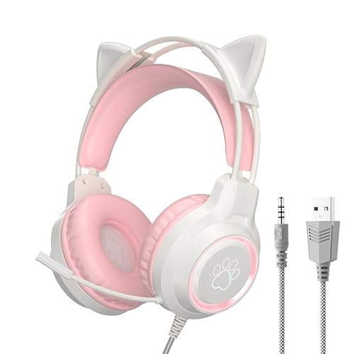 Spevert Lightweight Over Ear Wired Headphones with Volume Control, Microphone,Adjustable Cat Ears Headband and 3.5mm Jack for Phones and Laptops (Pink)