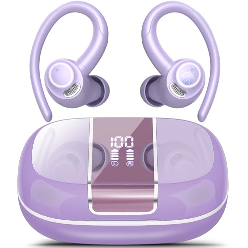 Wireless Earbuds Bluetooth 5.3 Headphones Sports, 48Hrs Playback Over Ear Buds with CVC8.0 Mic, Bass Stereo Bluetooth Earbuds with Earhooks, LED Display, IP7 Waterproof Earphones for Running Purple
