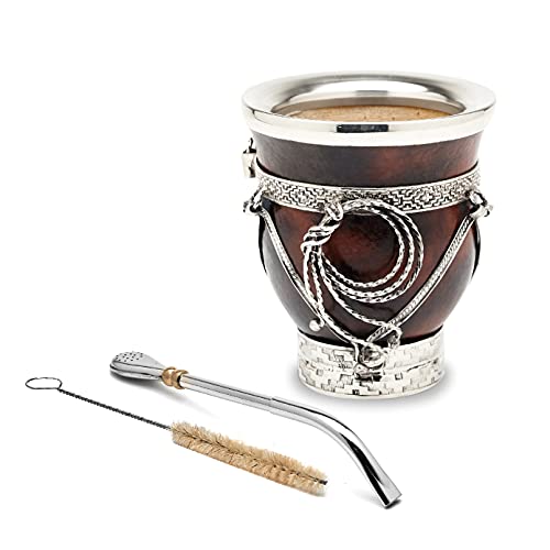 BALIBETOV Selected Collection - Yerba Mate Gourd (Mate Cup) - Premium Mate Gourd With German Silver Details - Includes Stainless Steel Bombilla and Cleaning Brush. (The Iguazú Mate)