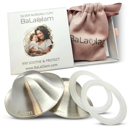 BaLaOlam Silver Nursing Cups 999 with Silicone Rings – Reusable Nipple Shields for Breastfeeding Moms – Discreet and Comfortable Fit – Includes Carrying Pouch.