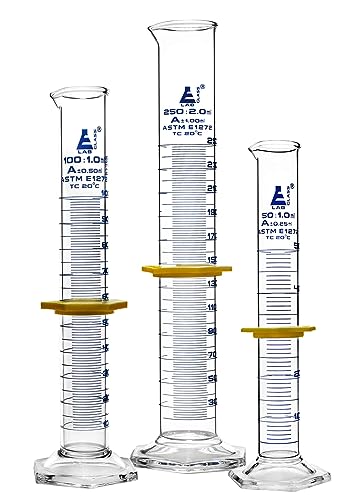 EISCO Premium Graduated Cylinder Set - 50mL, 100mL & 250mL - ASTM, Class A - Protective Collars, Hexagonal Base - Blue Graduations - Borosilicate 3.3 Glass