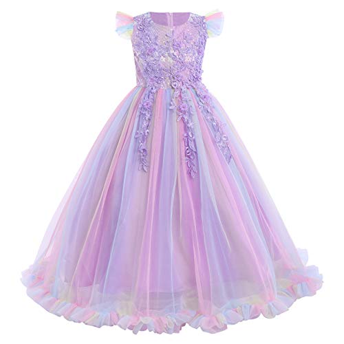 Girls Fancy Costume Pageant Princess Tulle Dress Kids Baptism Christening 3rd Birthday Party Father's Day Mother's Day Carnival Long Maxi Ball Gown Children's Day Gift Rainbow Purple 13-14 Years