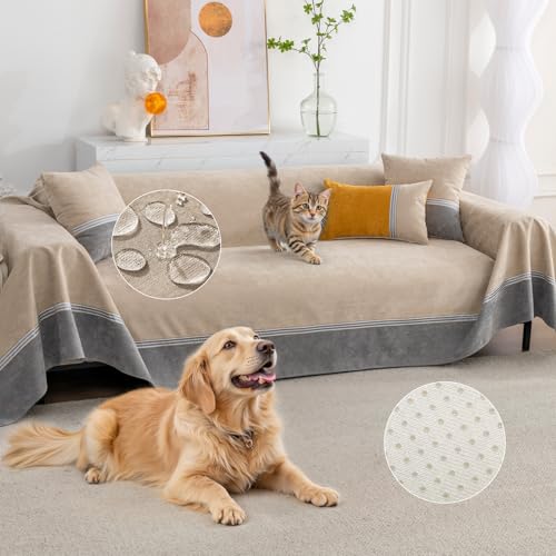 Osunnus 100% Waterproof Couch Cover for Pets & Dogs Washable Anti Cat Scratch Furniture Protector Non-Slip Sofa Slipcover for 2-3 Cushion Sectional L Shaped Sofa, Khaki 79" x 118"