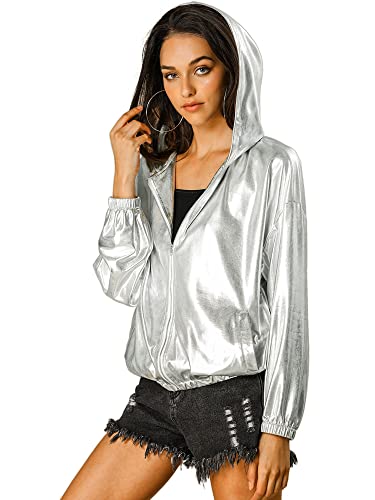 Allegra K Women's Holographic Party Shimmering Shiny Lightweight Zipper Hooded Metallic Jacket Small Silver
