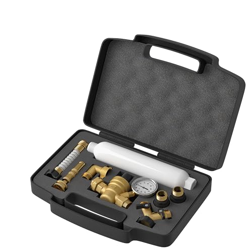 KORVOS All in One Fresh Water Kit, RV Water Pressure Regulator, Inline Water Filter, Hose Splitter, Brass Elbow, Flexible Connector, Hose Quick Connects, Leak Repair Kit, and Carrying Case