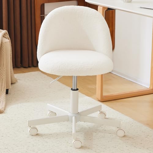 VINGLI Candy Chair Armless Cute Desk Chair,Comfy Small Office Chair with Wheels,Vanity Chair with Lumbar Support,Teddy Adjustable Rolling Swivel Computer Task Chair for Home Office,Bedroom,White