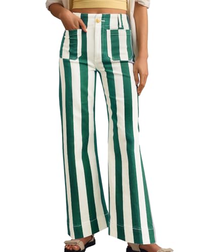 Kedera Womens Striped Pants Wide Leg Trousers Casual High Waisted Pants Comfy Fun Pants with Pockets Green