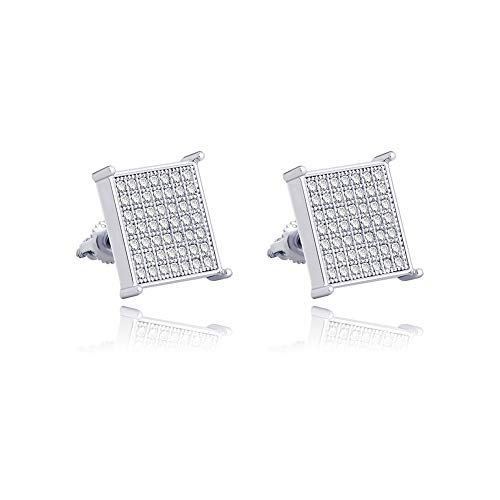 TOPGRILLZ 925 Sterling Silver Square Screw Stud Earrings 14K Gold Plated 5A+ Cubic Zirconia Iced Out Square Screw Back Hypoallergenic Cube Large Stud Earrings For Men Women(02Silver)