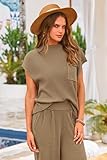 PRETTYGARDEN Women's Summer 2 Piece Sweater Sets Knit Blouses Tops And High Waisted Pants Matching Tracksuit Sweatsuit Set (Khaki,Medium)