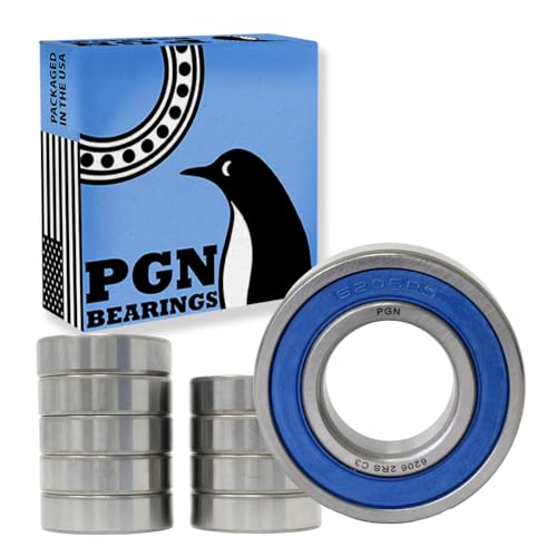 PGN (10 Pack) 6206-2RS Bearing - Lubricated Chrome Steel Sealed Ball Bearing - 30x62x16mm Bearings with Rubber Seal & High RPM Support