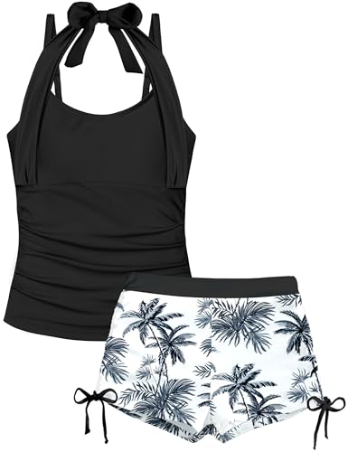 Teen Swimsuits 12-14 Tummy Control Girls Tankini Swimsuits for Teens Bathing Suits Halter Swimsuit with Drawstring Printed Shorts Girls 2 Piece Swimsuits Black