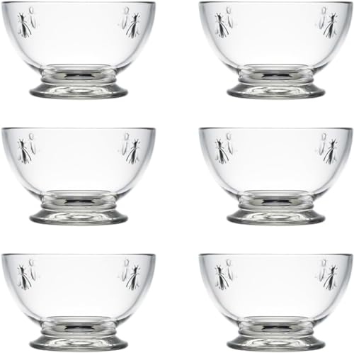 La Rochere Bee Glass Bowl Set of 6 – Classic French Clear Glass Dessert Bowls with Embossed Bee Emblem – Elegant and Versatile Small Bowls for Ice Cream, Snacks, Fruit & Entertaining (9 Oz)