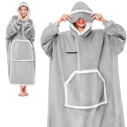 IFNOW Wearable Blanket Hoodie, Oversized Sherpa Fleece Hooded Sweatshirt with Eye Mask, Cozy and Giant Blanket Hoodie with Sleeves Extra Long for Adults Men Women, Grey